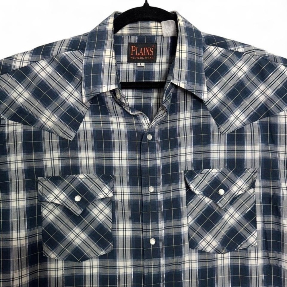 Plains Western Wear Pearl Snap Shirt Plaid Cowboy Workwear Sz L Utility 90s *